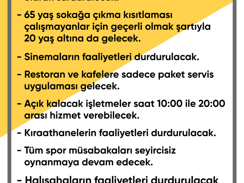 Hafta sonları saat 10:00 ile 20:00  saatleri dışında sokağa çıkma kısıtlaması başlayacak.